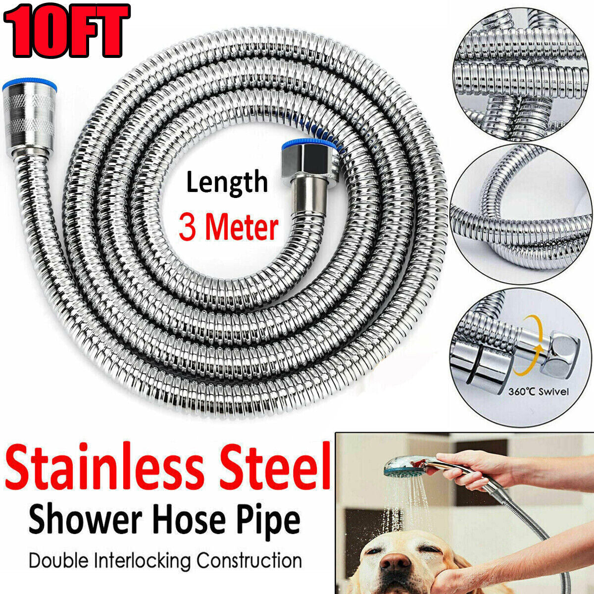 118inch 3 M Shower Hose Flexible Stainless Steel Chrome Shower Head Hose Pipe - Image 2