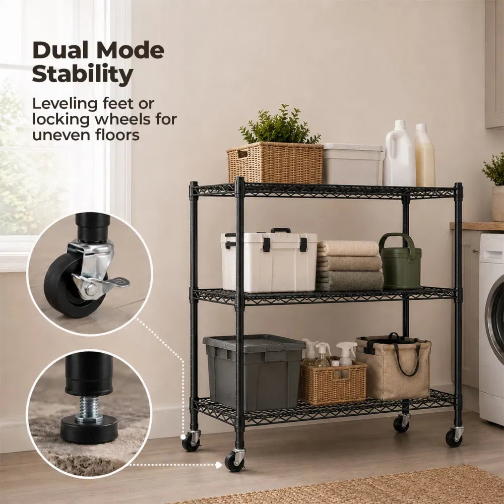 3 Tier Heavy Duty Adjustable Metal Shelf With Wheels No Tool Assembly Suitable - Image 5