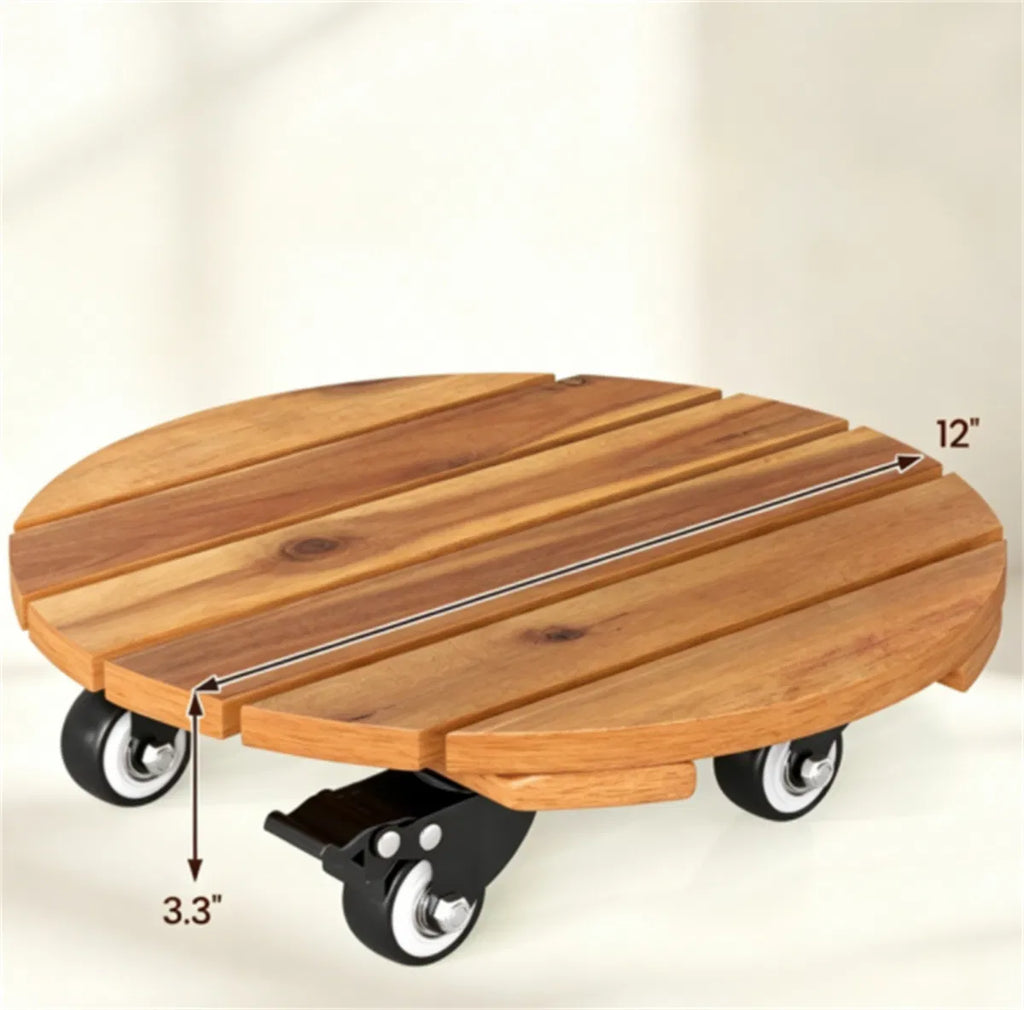 Set of 4 Natural Finish Wooden Plant Pot Mover Portable Round Plant Stand with - Image 4