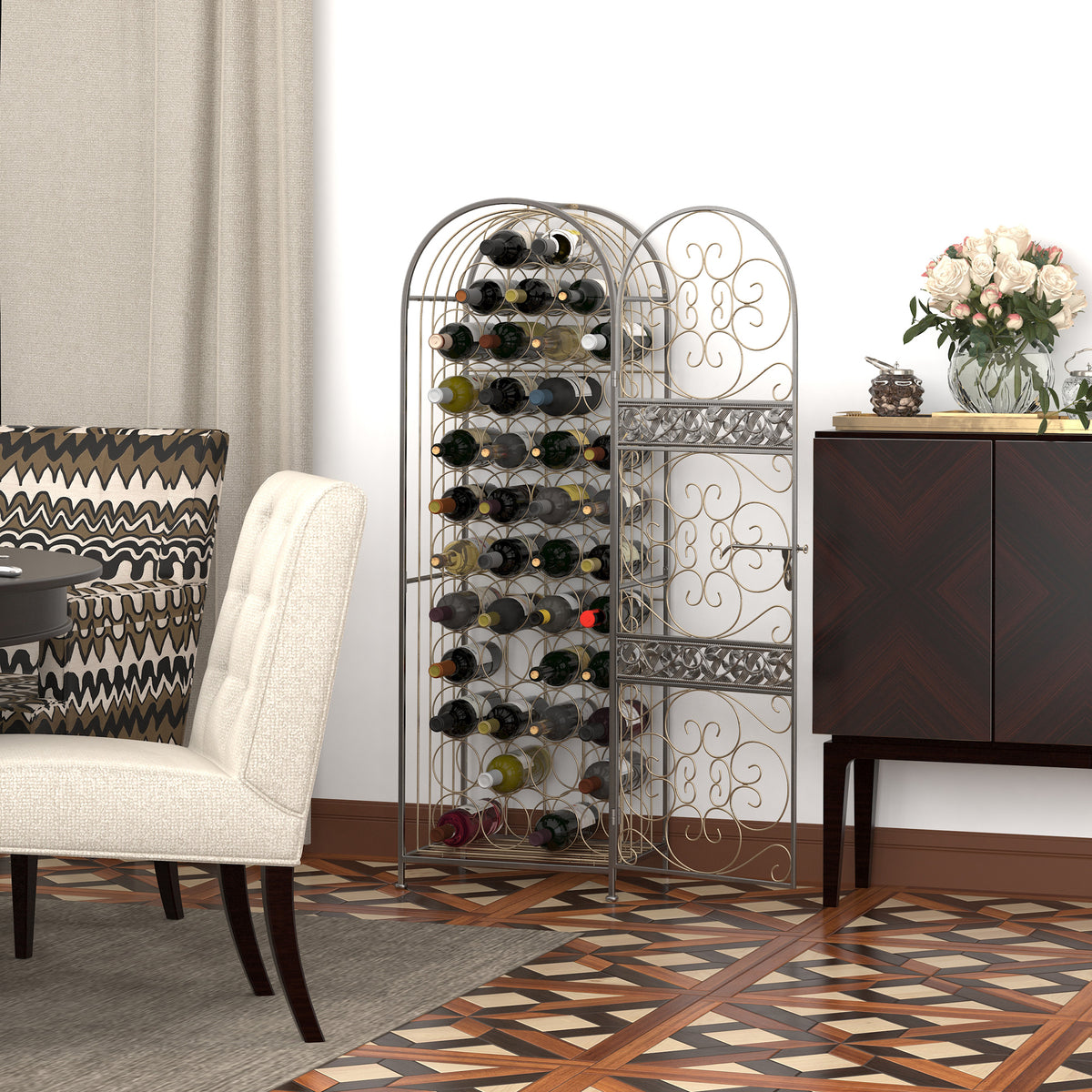 45 Bottle Wrought Iron Wine Rack Jail With Lock Antique Bronze - Main View