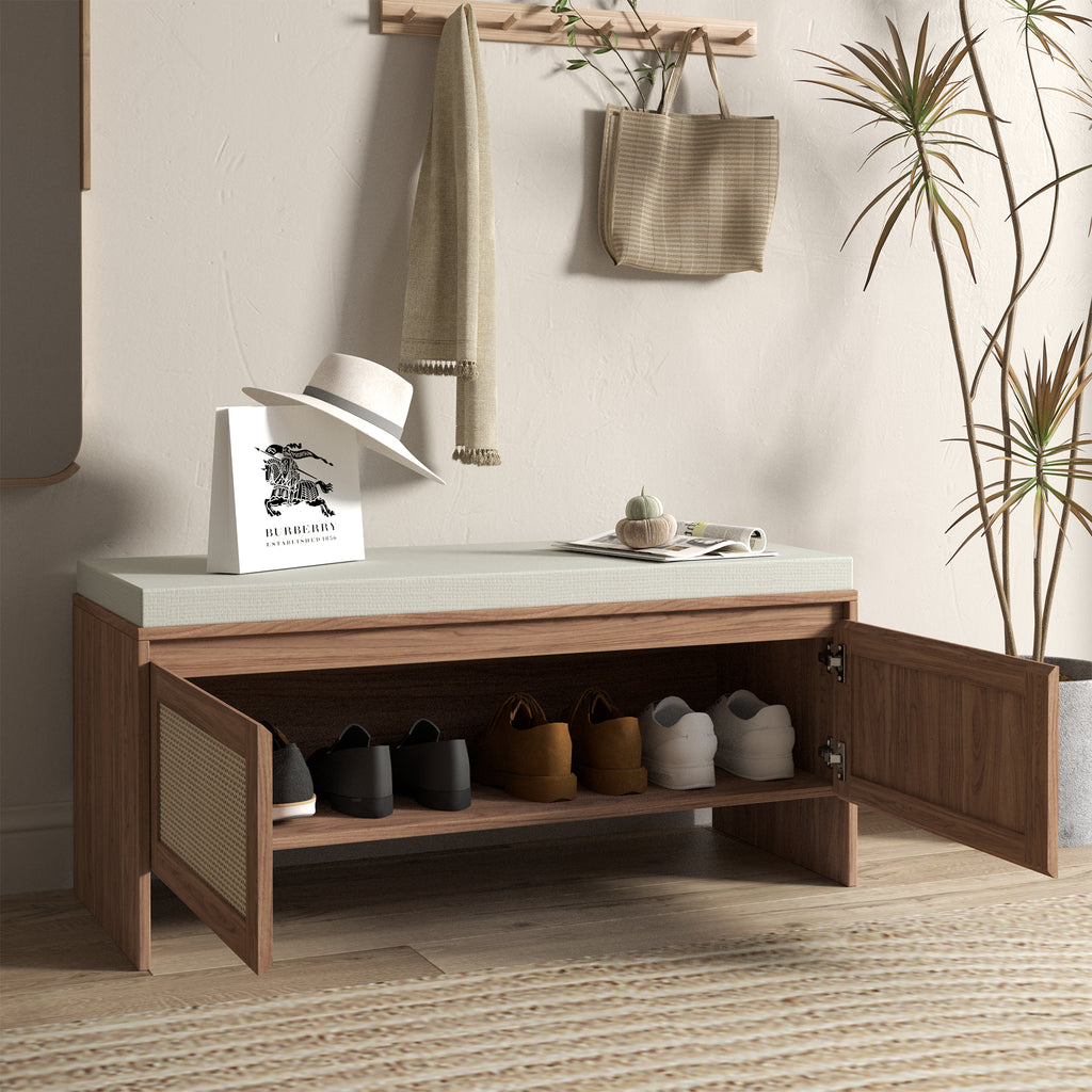 Rattan Shoe Storage Bench with Cushion and Two Doors
