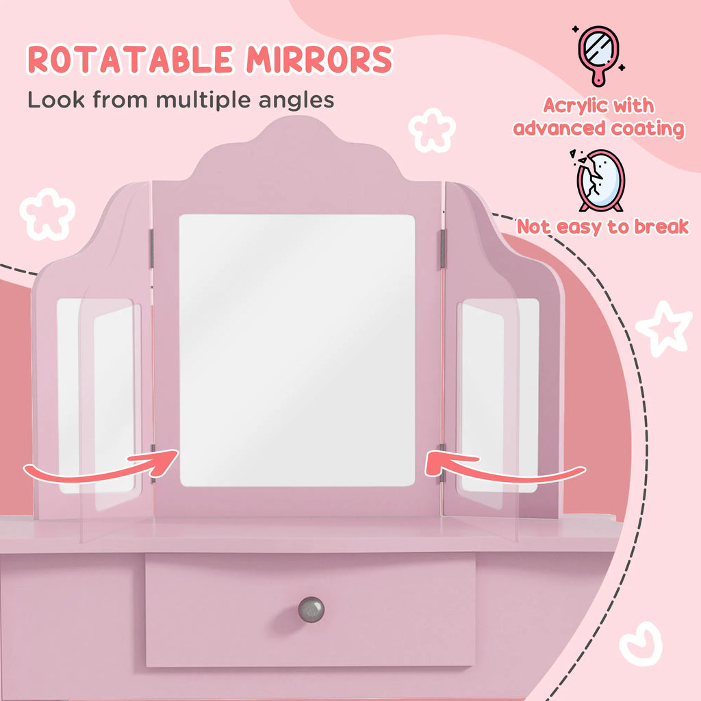 Kids Vanity Table and Stool Makeup Vanity Girls Dressing Table Set with