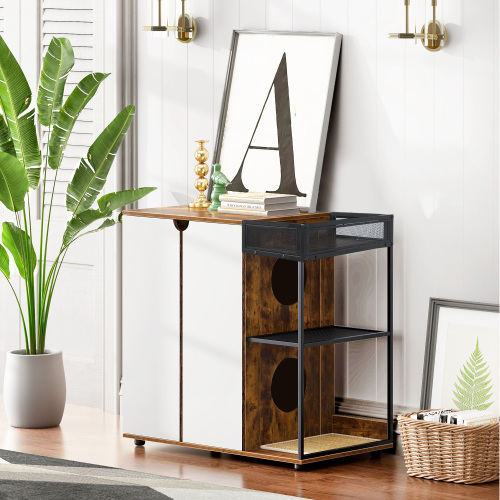 Double Cat Litter Box Furniture Enclosure