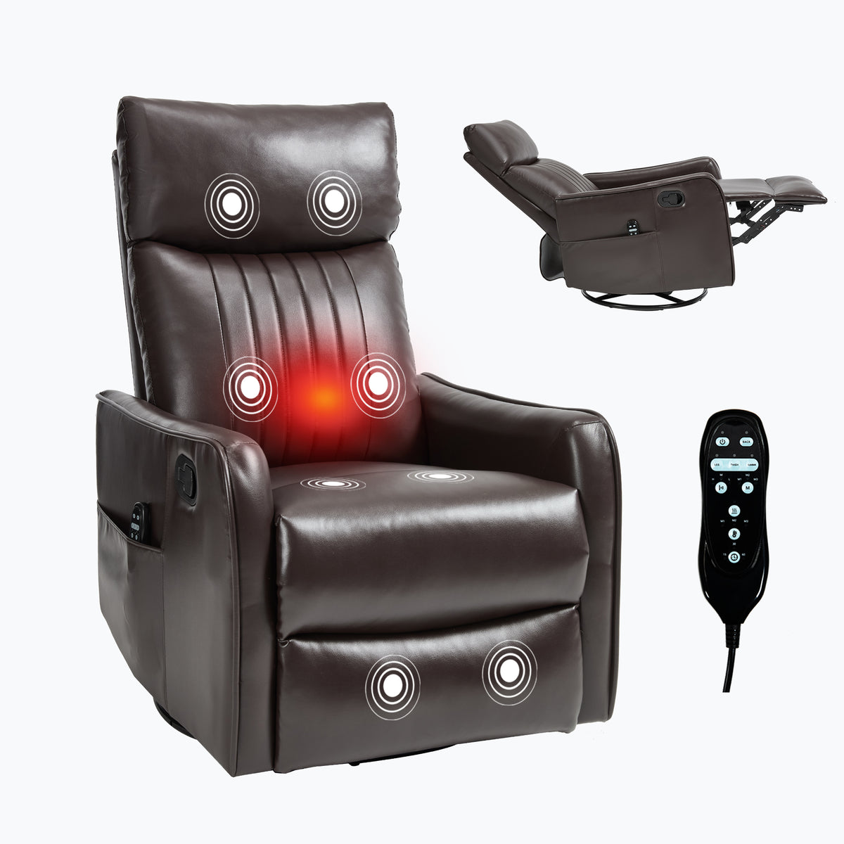 Brown Faux Leather Heat Massage Manual Recliner Chair with Rocker and Swivel - Image 5