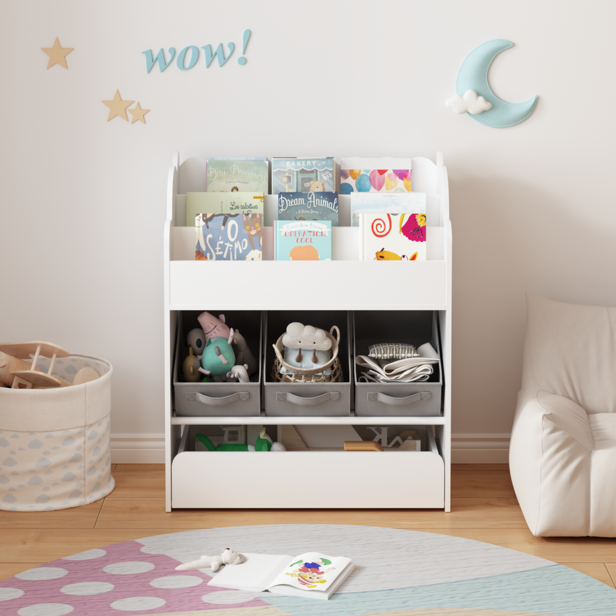 Kids storage bookshelf with front-facing shelves