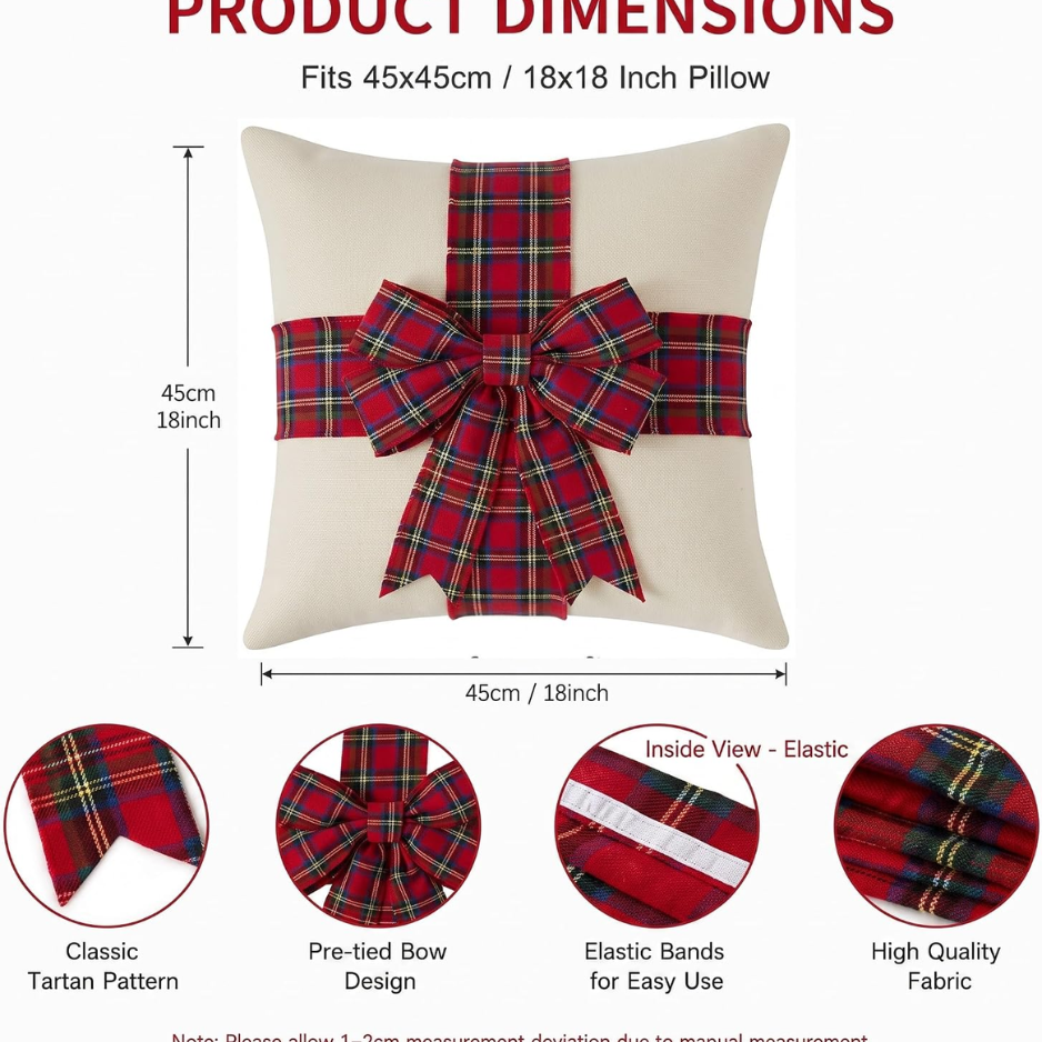 2 Pcs Christmas Pillow Covers With 3D Red Plaid Bow - Image 2