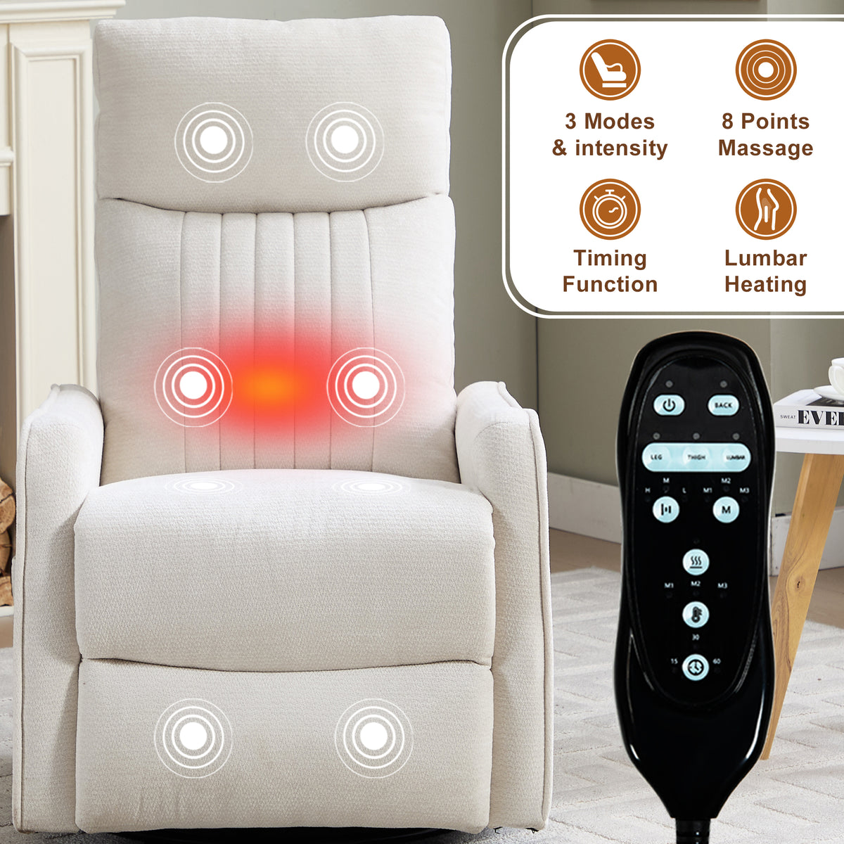Beige Heat Massage Manual Recliner Chair with Rocker and Swivel in Fabric for - Image 4