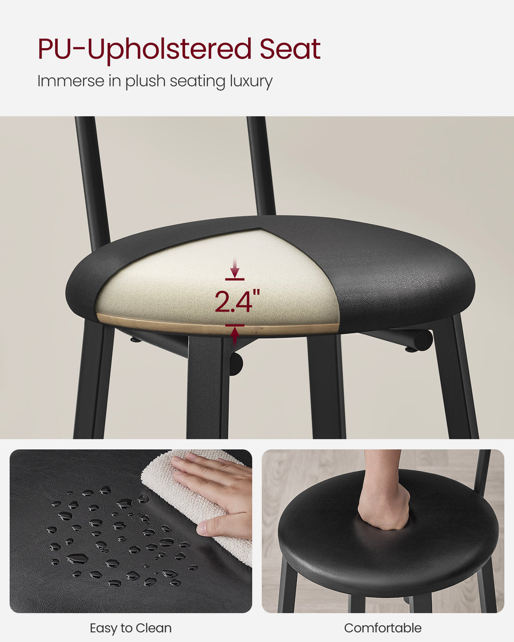 VASAGLE Bar Stools Set Of 2 Bar Stools PU Cover With Footrest Easy Assembly - Image 4