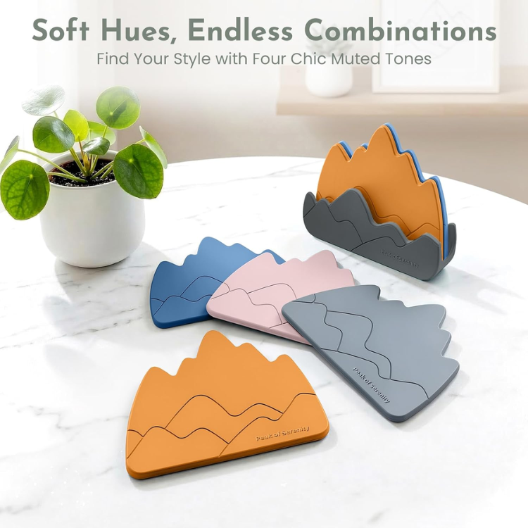 5 Piece Mountain Silicone Coaster Set With Holder Thick Waterproof Drink - Image 5