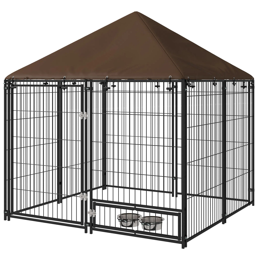 4.6' x 4.6' x 5' Outdoor Dog Kennel with Canopy Rotating Bowls Coffee