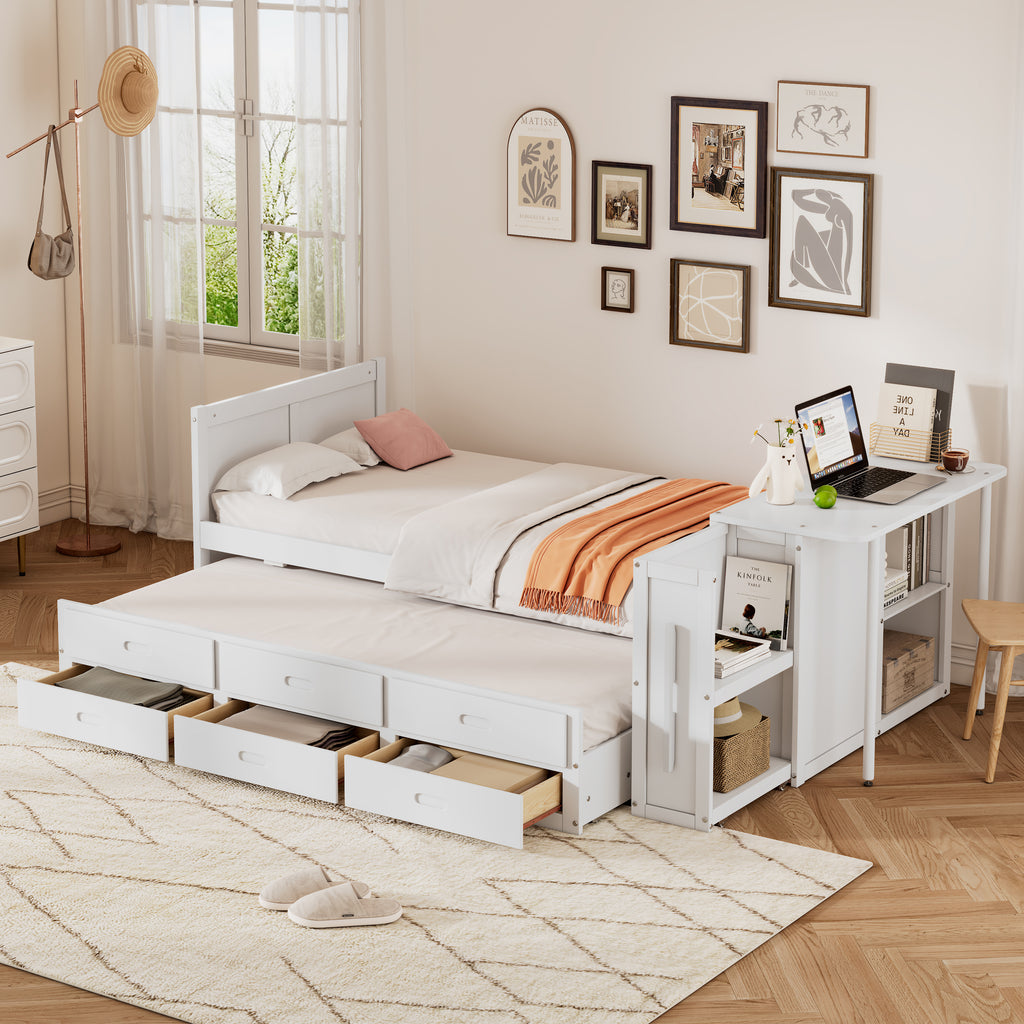 Twin Multifunctional Platform Bed with Desk and Trundle