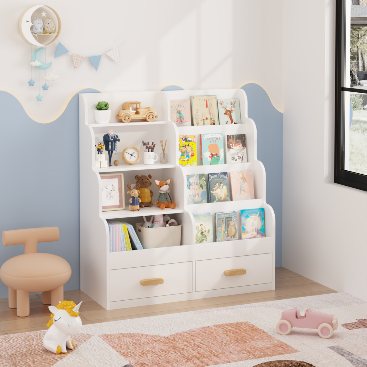 Kids Bookshelf with Two Storage Drawers