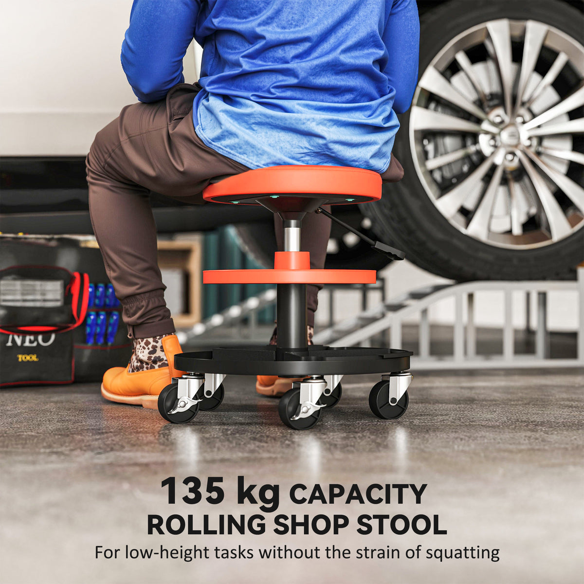 Rolling Mechanic Stool 135kg Capacity Workshop Stool 360° Swivel Roller - Image 2