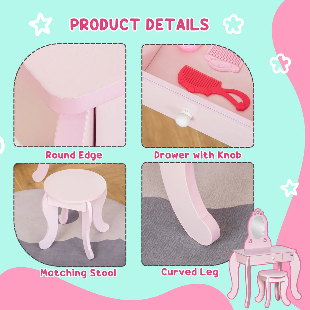 Kids Vanity Table Set with Mirror and Stool Drawer for 3 6 Years Pink - Image 4