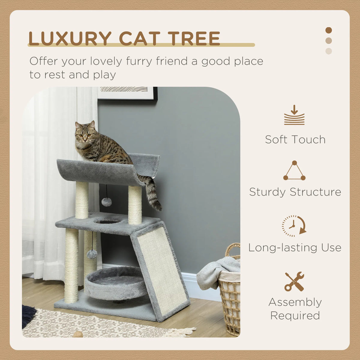 Small Cat Tree with Perch Scratching Posts Pad Bed Toy Balls Light Grey