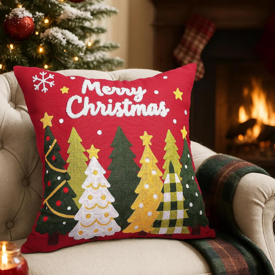 Christmas Embroidered Pillow Cover 18x18 Inch Red Trees