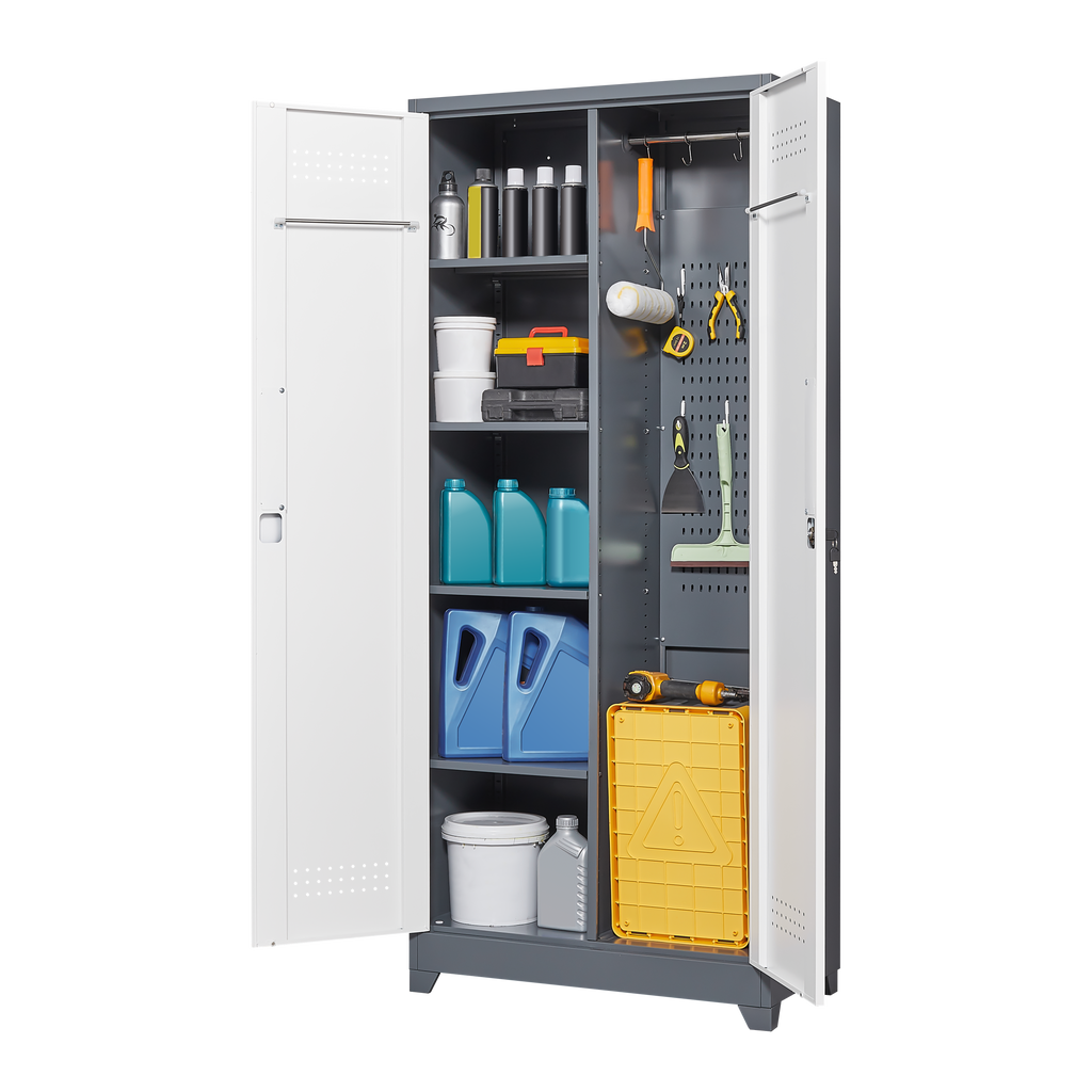 Gray Metal Lockers Cleaning Tool Cabinets With Locking Doors High Broom Tool - Image 5