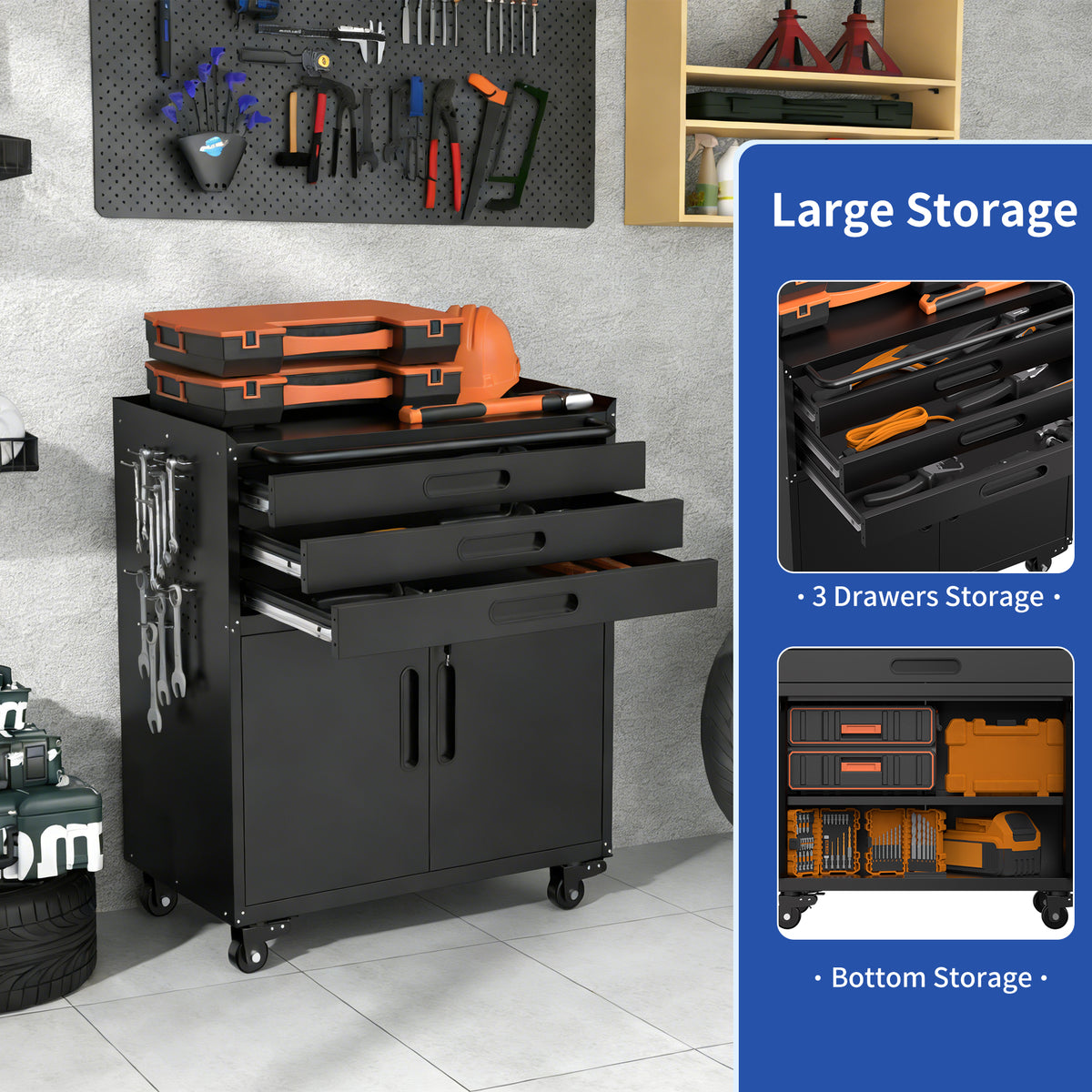 34.3 Rolling Metal Tool Cabinet Heavy Duty Garage Storage With Lockable Doors - Image 3