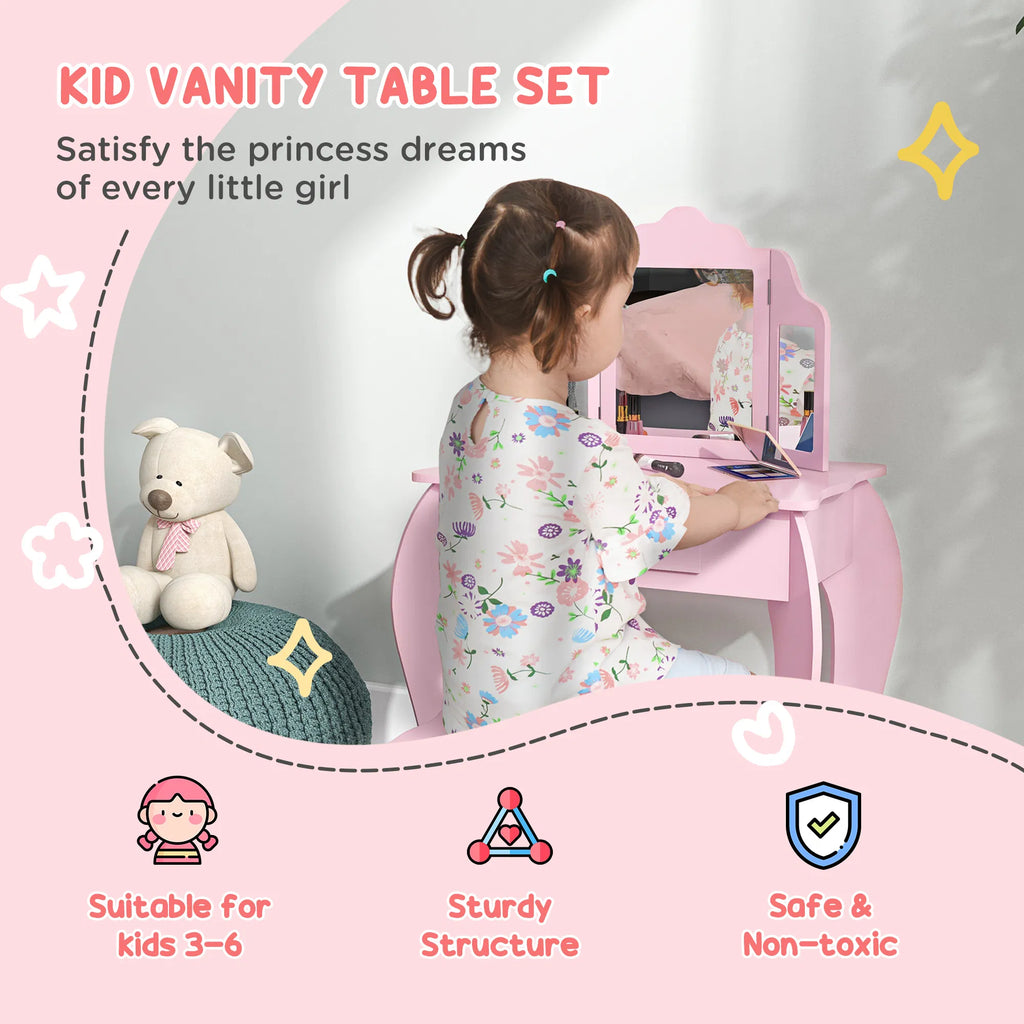 Kids Vanity Table and Stool Makeup Vanity Girls Dressing Table Set with - Image 5