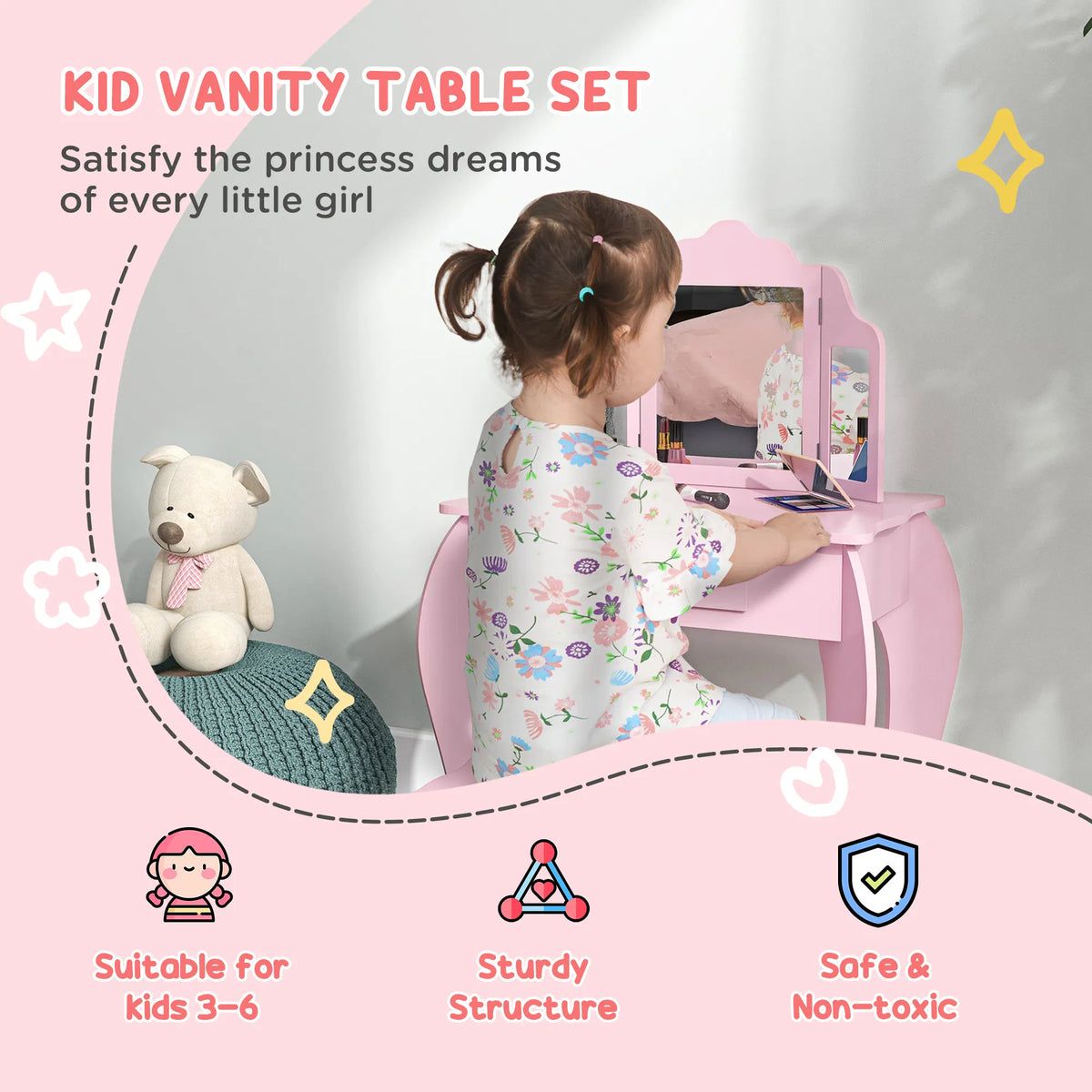 Kids Vanity Table and Stool Makeup Vanity Girls Dressing Table Set with - Image 5