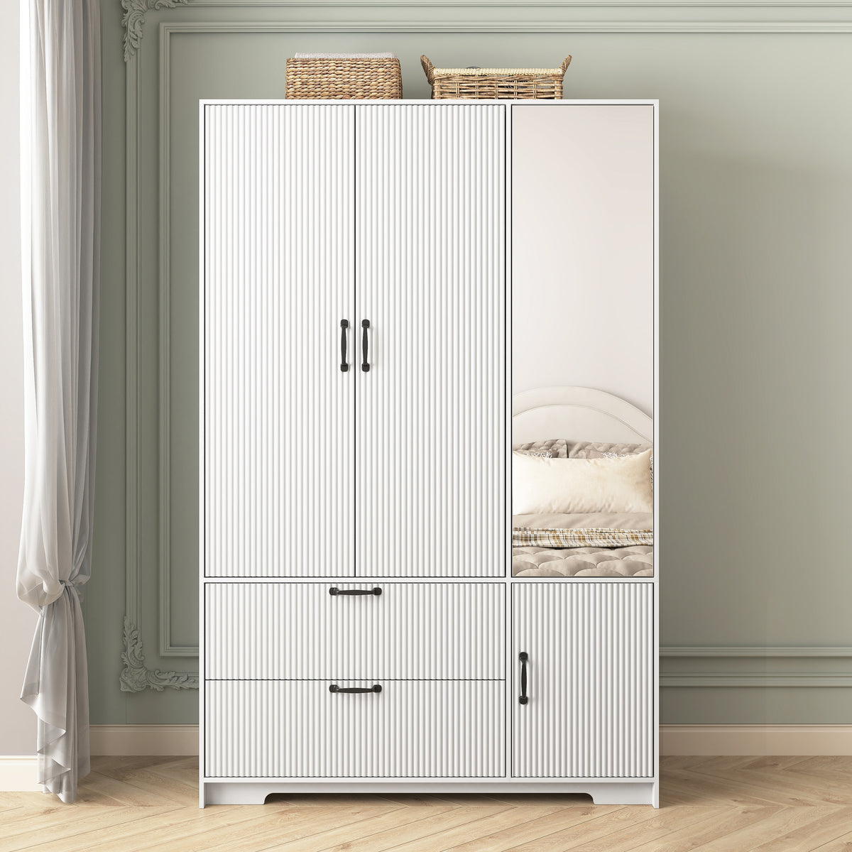 72in Four-Door Wardrobe Closet with Mirror, Drawers and Interior Light