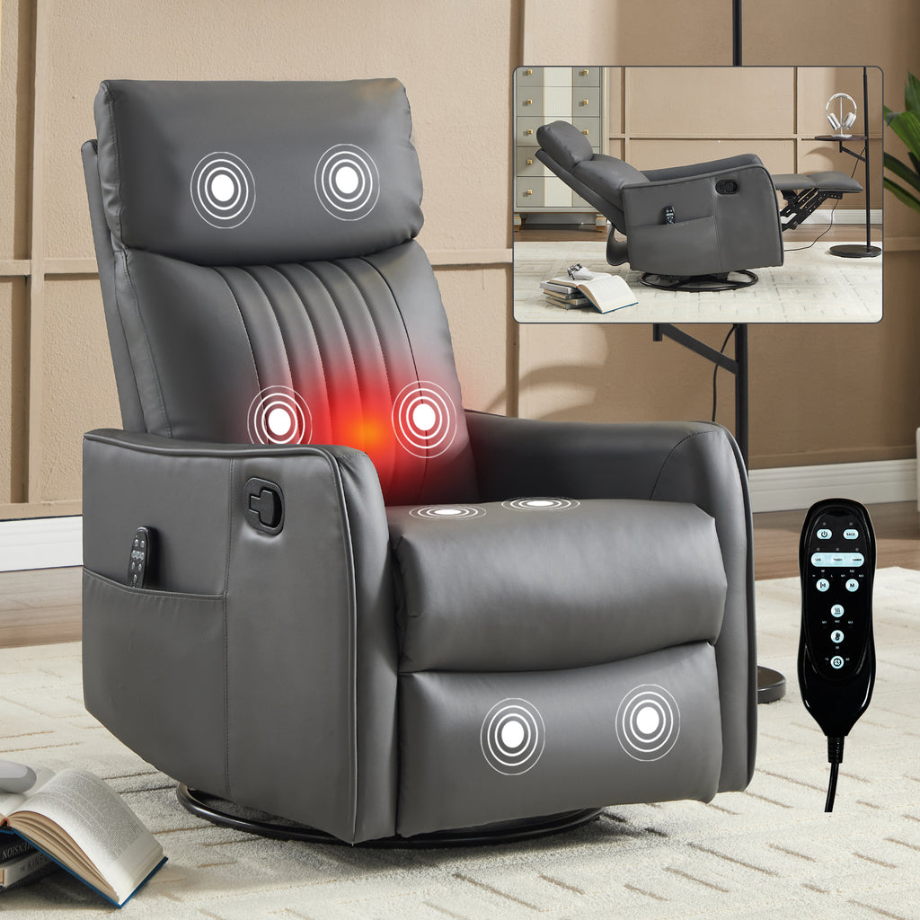 Grey Faux Leather Heat Massage Manual Recliner Chair with Rocker and Swivel for - Image 5