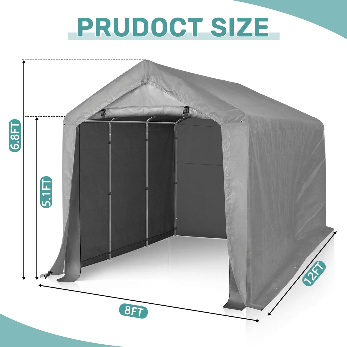8x12ft heavy duty portable outdoor storage shelter shed with roll up zipper door - angle 4 detail