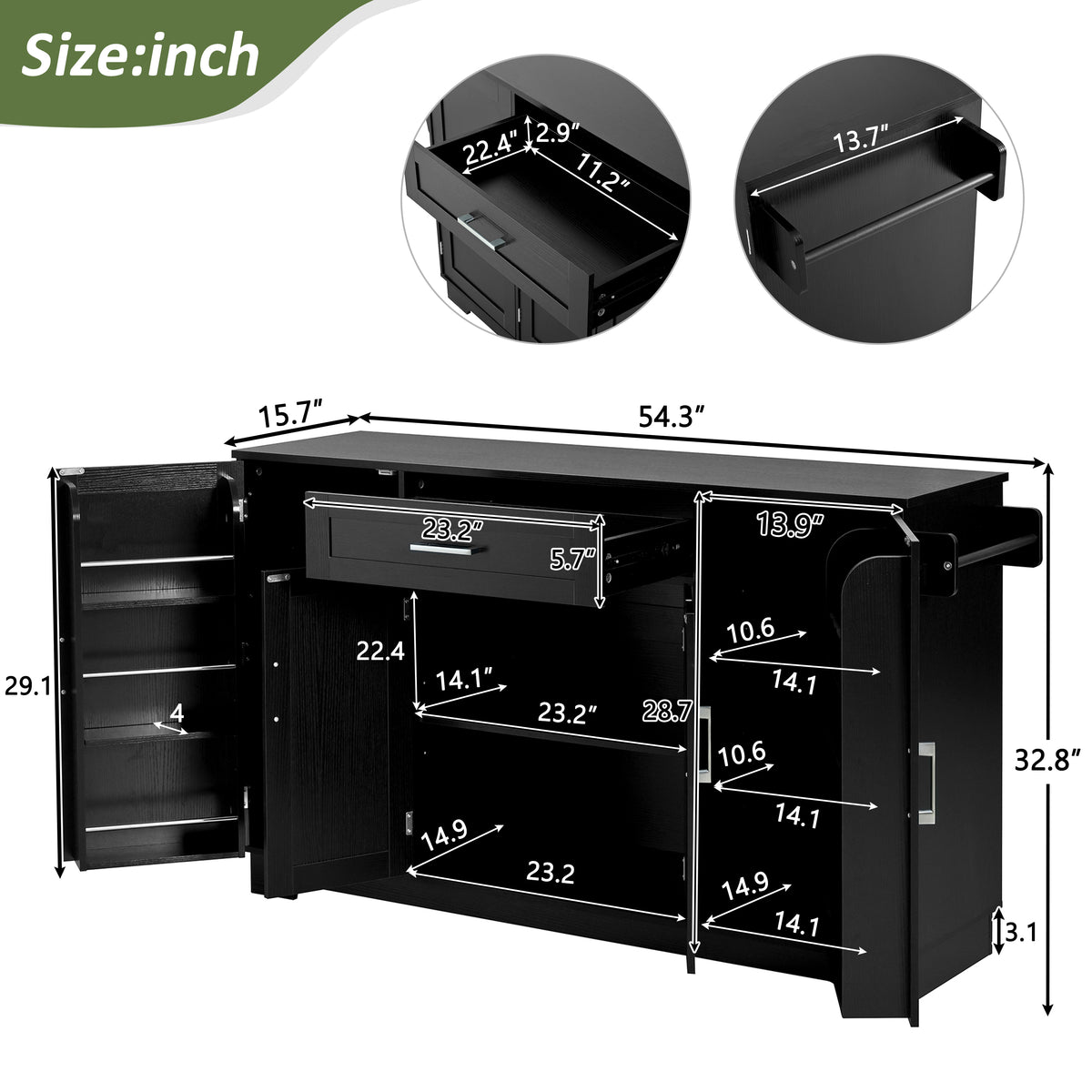 54in Black Sideboard Buffet Cabinet with Four Doors and Drawer