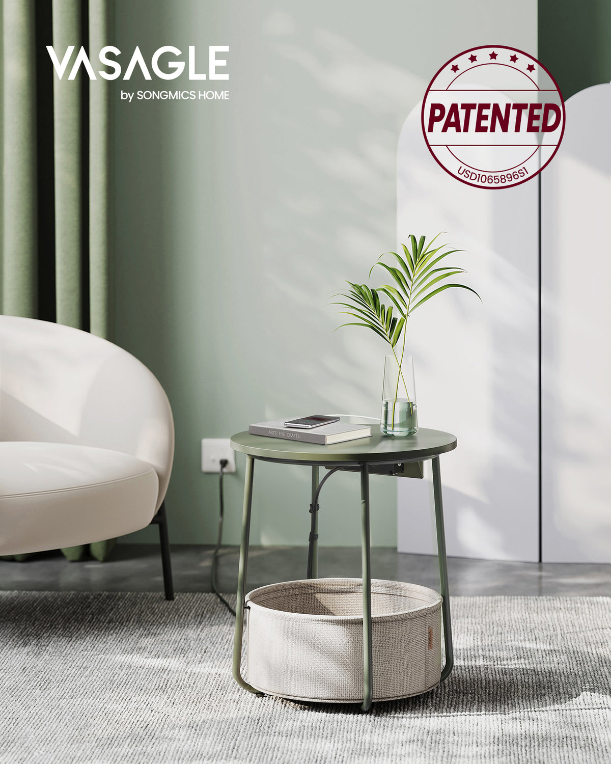 VASAGLE Side Table With Charging Station Fabric Basket Round End Table - Image 4