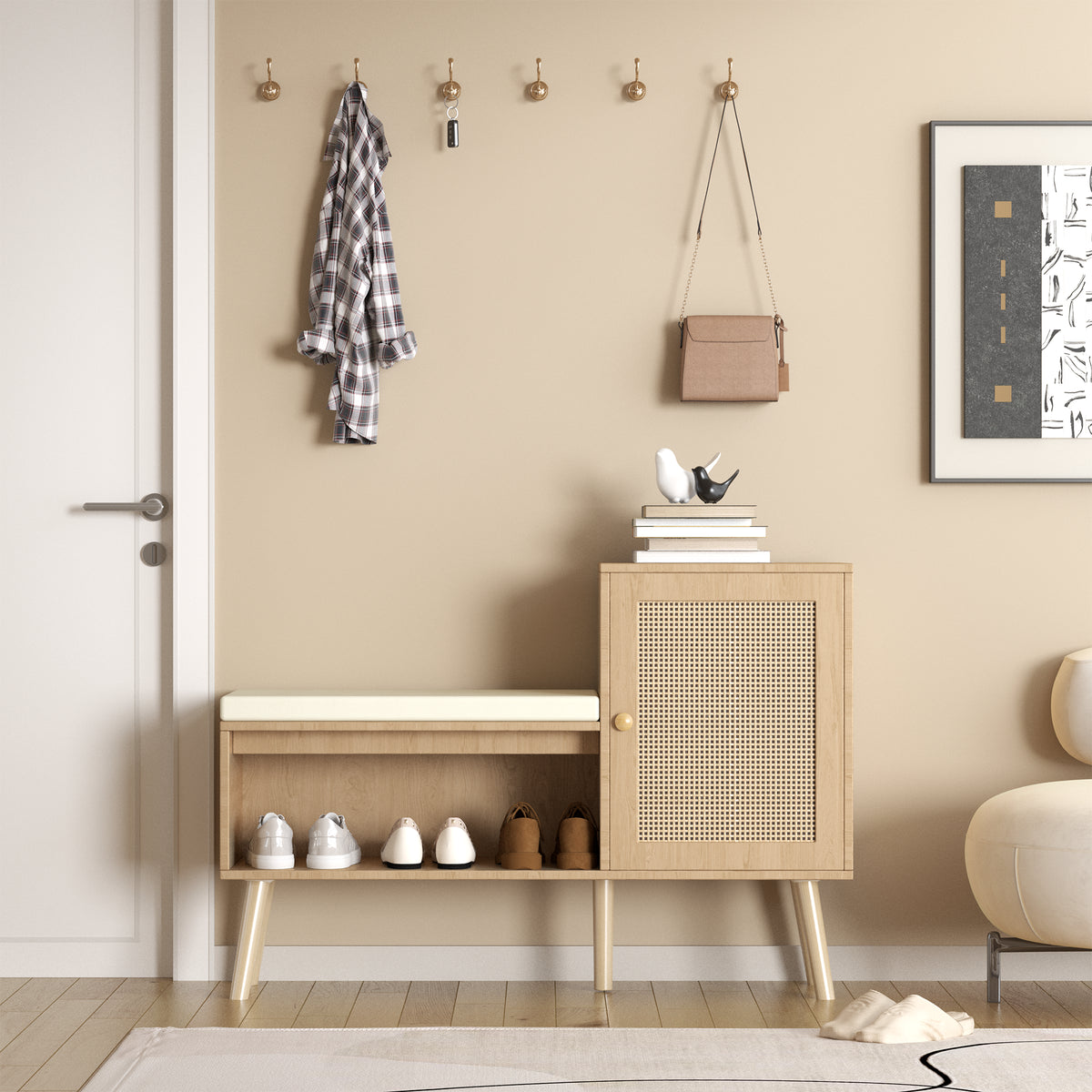 Rattan Shoe Storage Bench with Removable Cushion