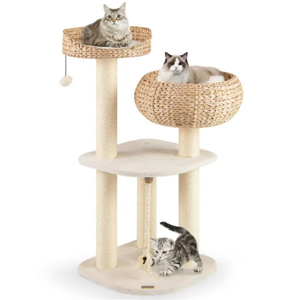 41 Inch Hand Woven Water Hyacinth Cat Tree 3 Sisal Scratching Posts - Image 5
