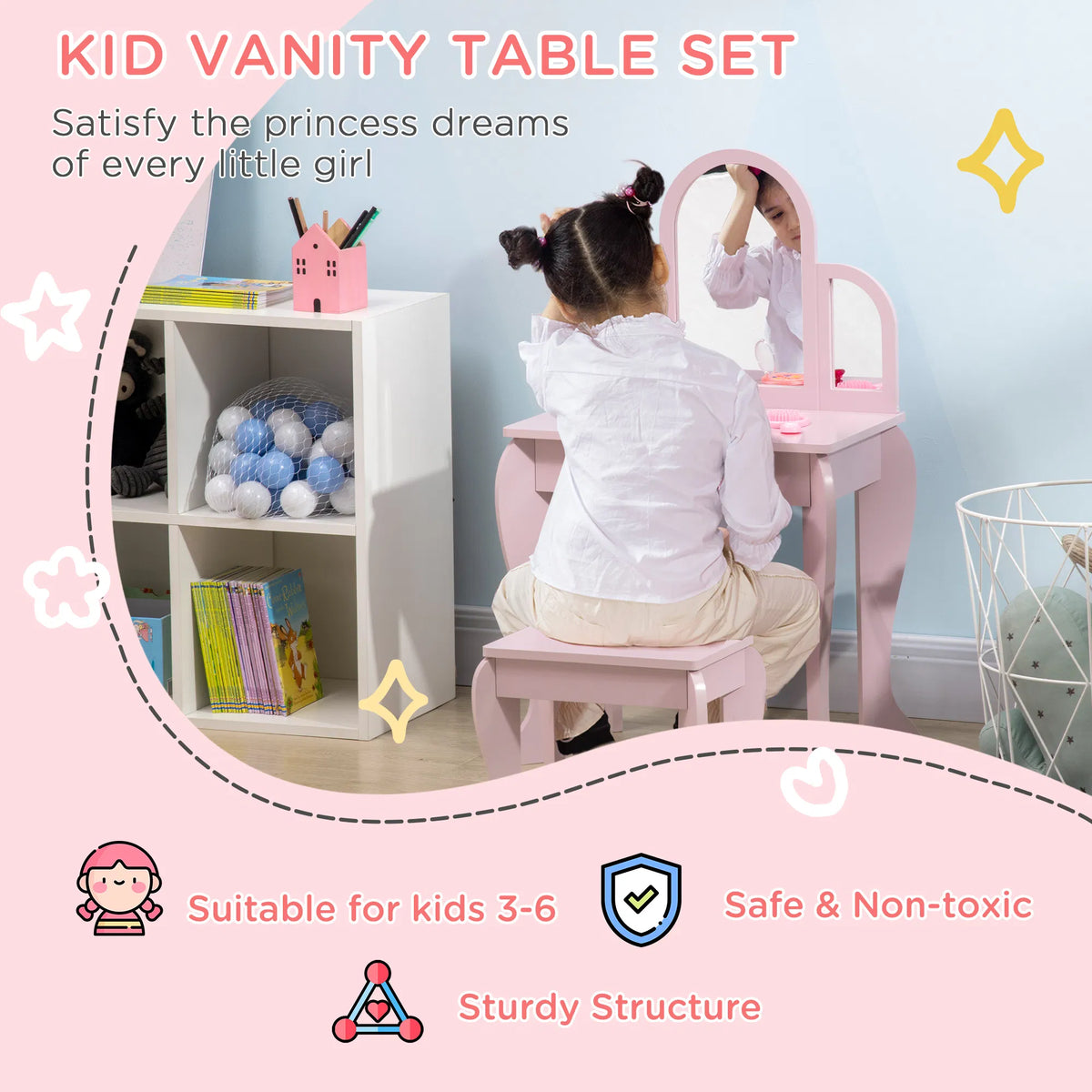 Kids Dressing Table and Chair Set Girls Dressing Set Makeup Desk with Drawer - Image 3