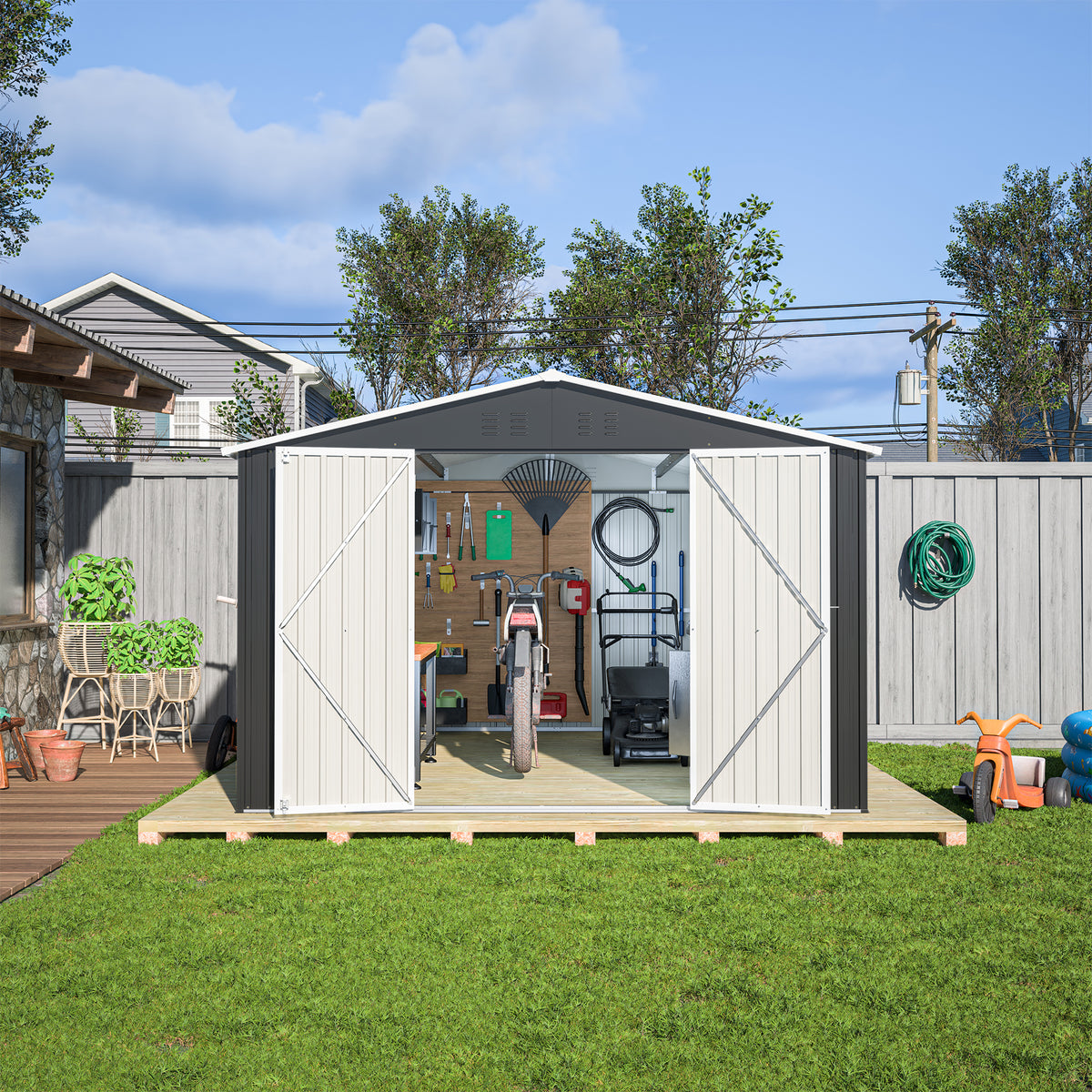 Outdoor Storage Shed 10x12 FT Utility Metal Tool Storage with Lockable Doors - Image 4